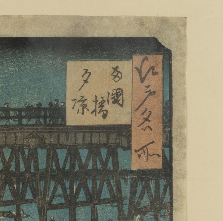 Ando Hiroshige, efter, träsnitt, 'Enjoying the evening cool at Ryogoku Bridge'.