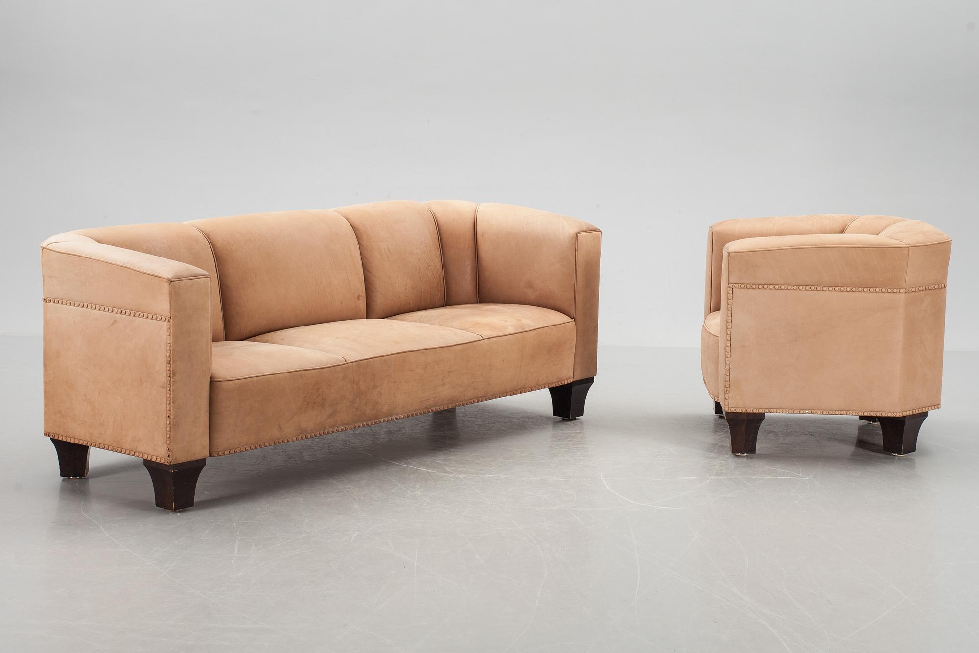 SOFFA samt FÅTÖLJ. "Palais Stoclet", design av Josef Hoffmann för Wittmann, Österrike.