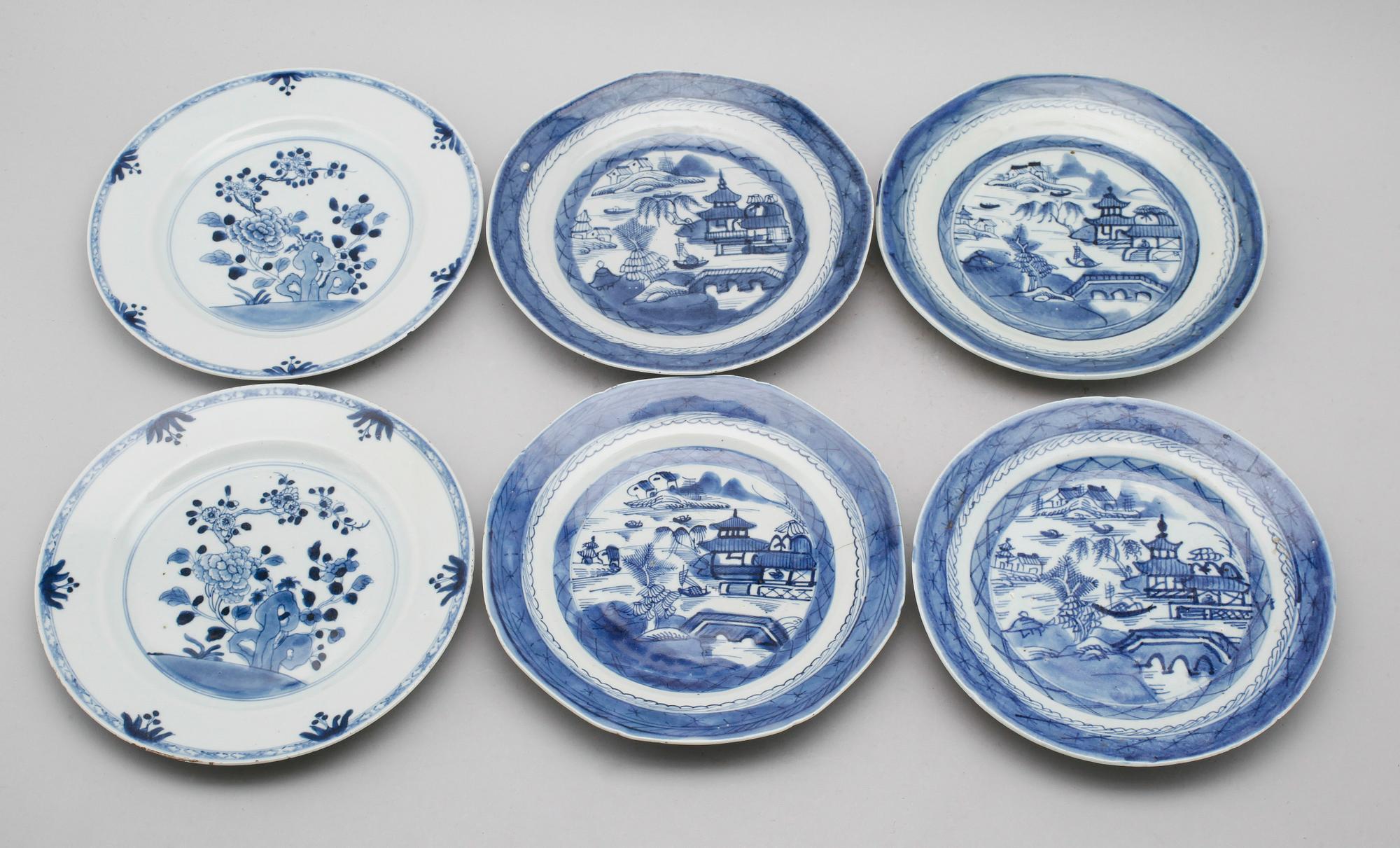 TALLRIKAR, 6 st olika, porslin, Kina, 1700-/1800-tal.