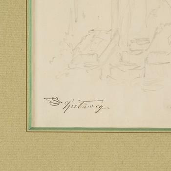 CARL SPITZWEG, pencil drawings, 5, stapped signature, one signed.