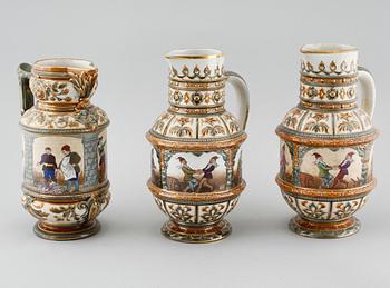 Three majolica jugs from Rörstrand, around the year 1900.