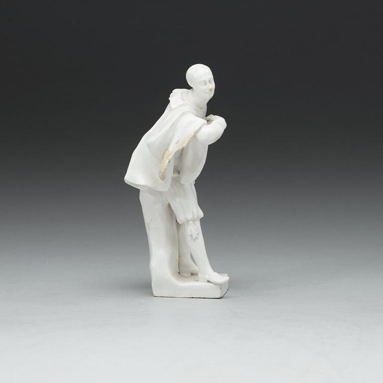 A Swedish Marieberg soft paste figure of a comedia del arte figure, 18th Century.