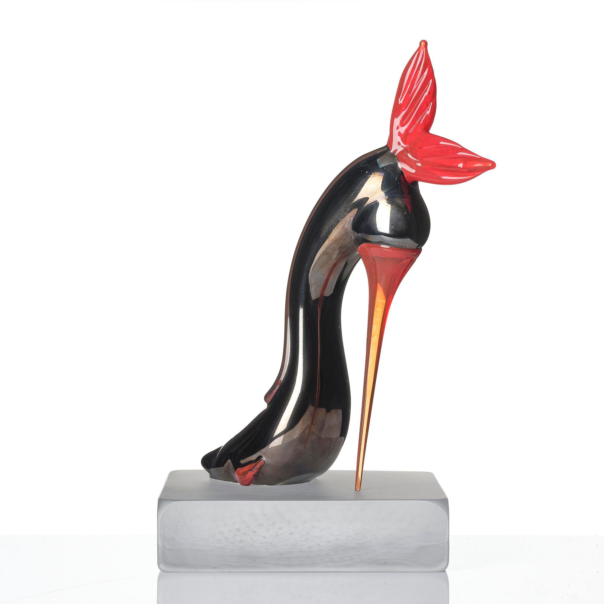 Kjell Engman, a unique glass sculpture, a high-heeled shoe in the shape of a fish, Kosta Boda.