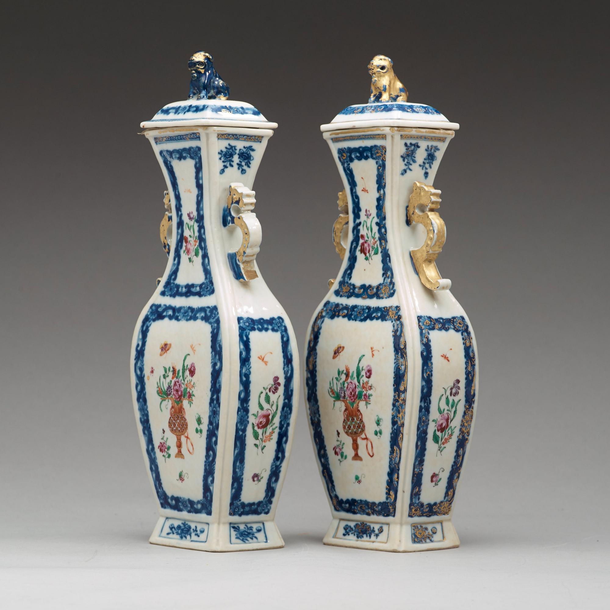 A pair of famille rose vases with cover, Qing dynasty, Qianlong (1736-95).