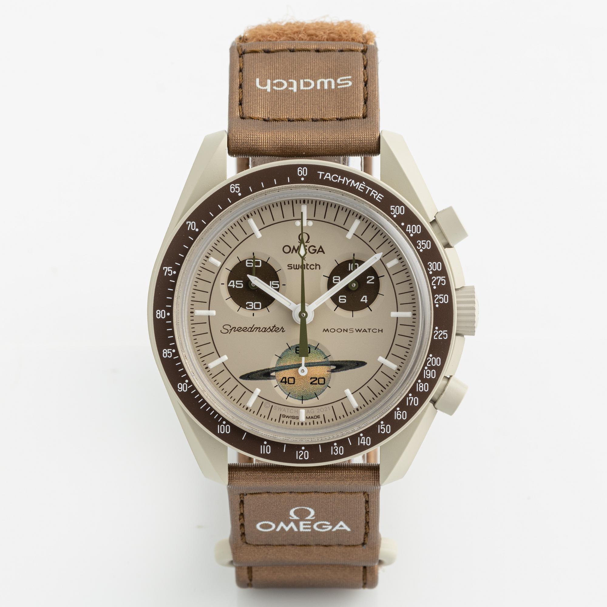 Swatch/Omega, MoonSwatch, Mission To Saturn, chronograph, wristwatch, 42 mm.