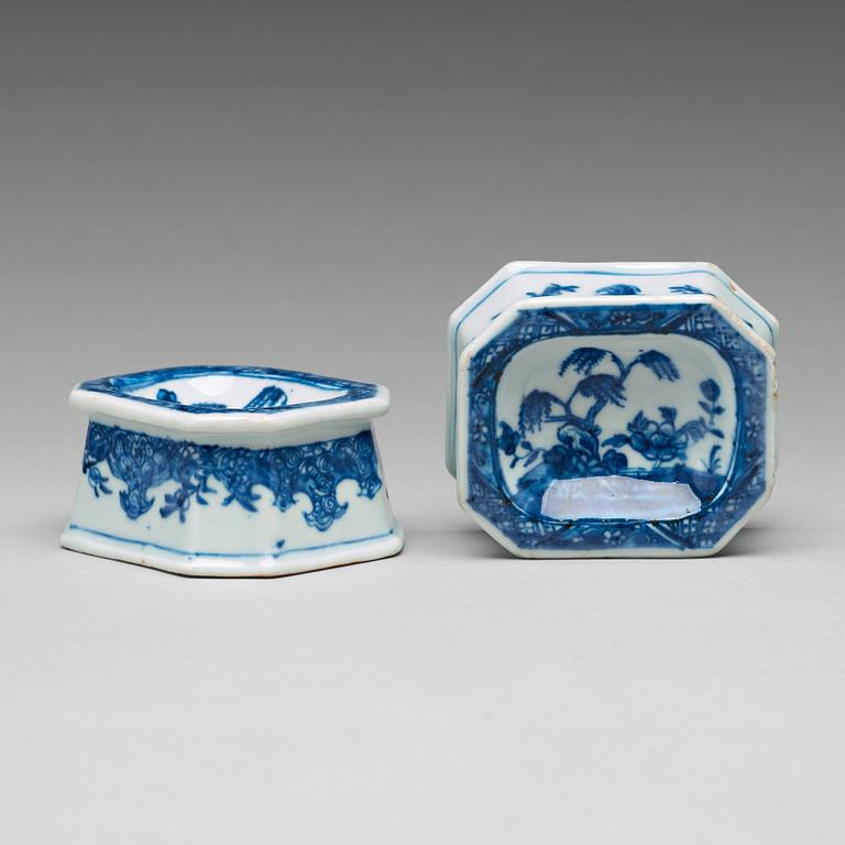 A pair of blue and white salts, Qing dynasty, Qianlong (1736-95).