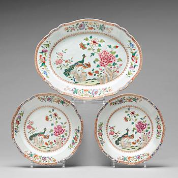 A 'Double Peacock' serving dish and two plates, Qing dynasty, Qianlong (1736-95).