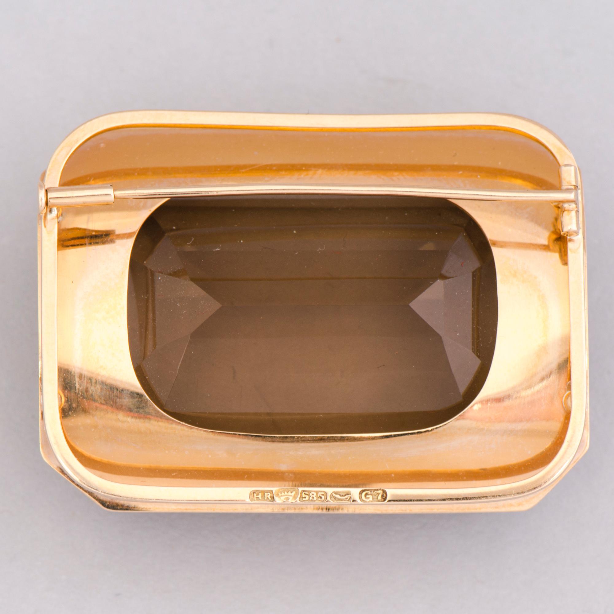 BROOCH, facetted smoky quartz, 14K gold. Harri Runila, Helsinki 1960.