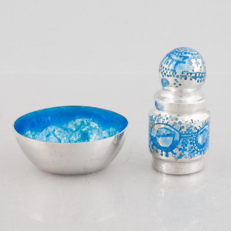 A small silver and blue enamel bowl and a box with lid, mark of Lars Arby, Gothenburg, Sweden, 1965 and 1968.
