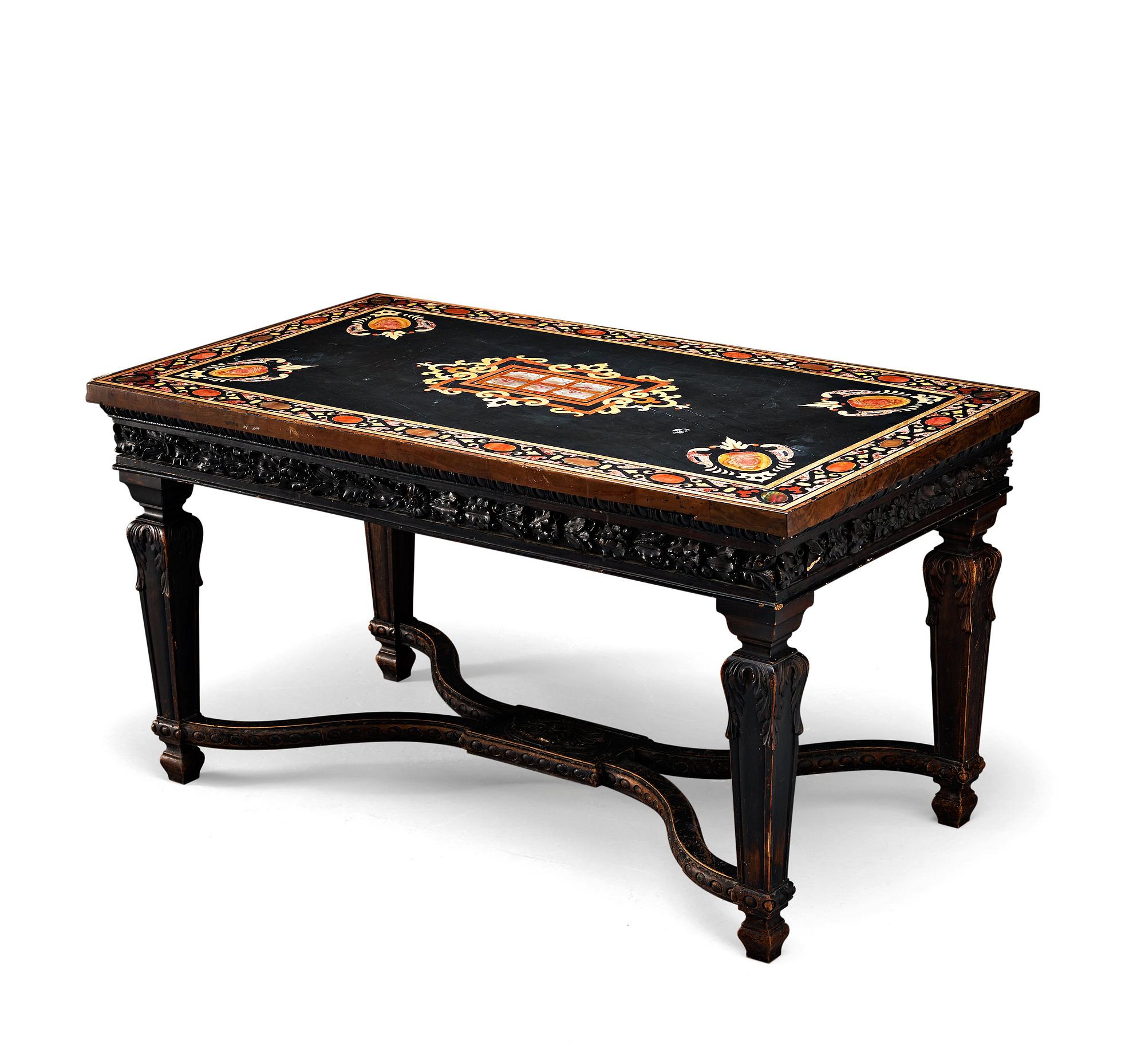 A pietre dure top, Italy, circa 1900, probably Rome or Naples. The stand in Louis XIV-style.