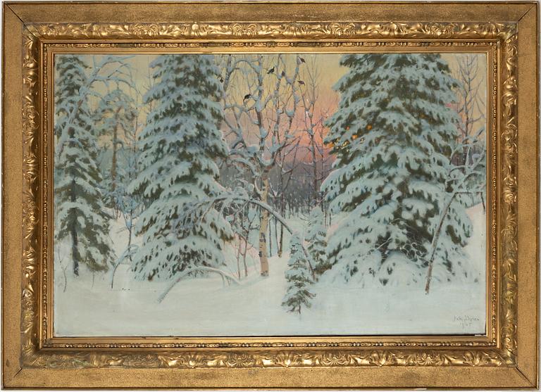 Juho Kyyhkynen, Aftonrodnad med snötyngda granar.