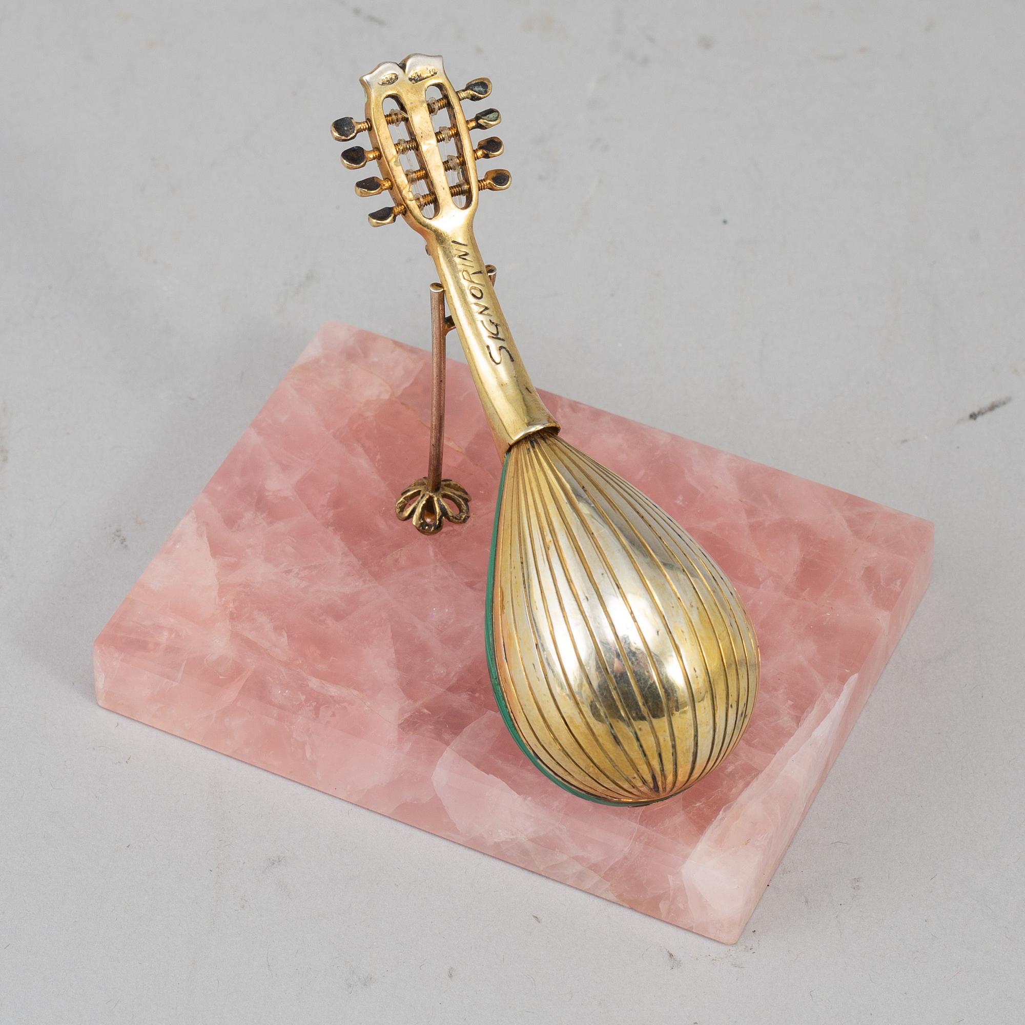 An Italian silver gilt and malachite miniature guitar, first half of the 20th century.