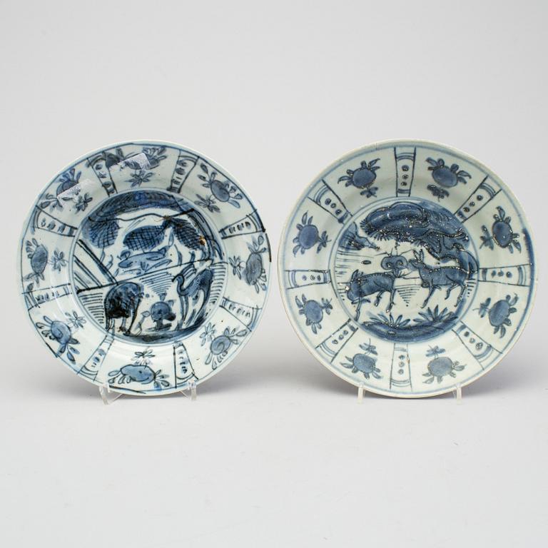 A group of four Chinese kraak porcelain plates, possibly Ming (1368-1644).