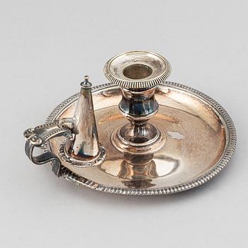 An English 19th century silver-plated chamber-candlestick. Unmarked.