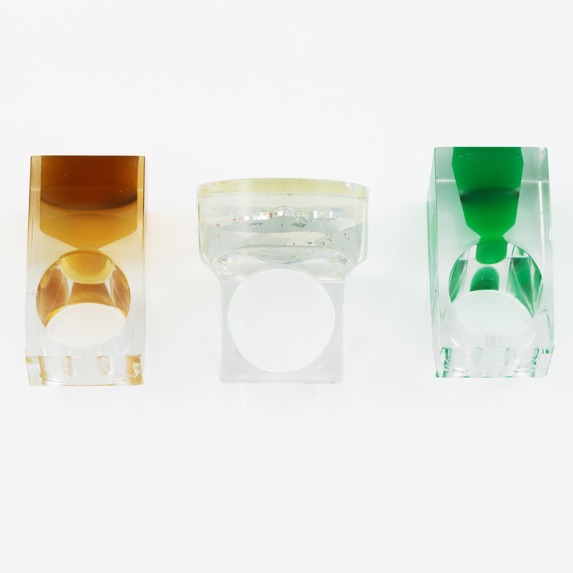 Siv Lagerström, three rings, and three sculptures, acrylic plastic, 1970s.