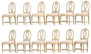 Twelve matched Gustavian late 18th century chairs.