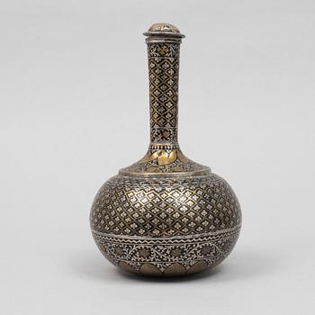 An Indian bidri flask, zinc alloy with white metal and brass inlay ...