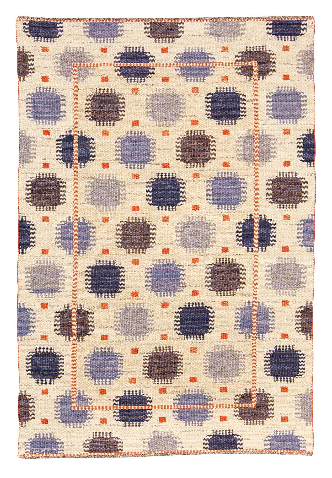 Märta Måås-Fjetterström, a carpet, "Blåplump", flat weave, ca 291 x 201 cm, signed AB MMF.
