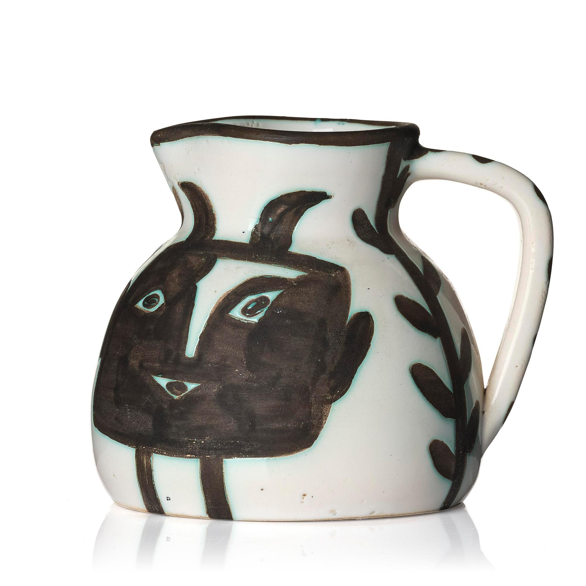 Pablo Picasso, a "Pichet tête carrée" (A.R. 223) faience pitcher, Madoura, Vallauris, France, post 1953.