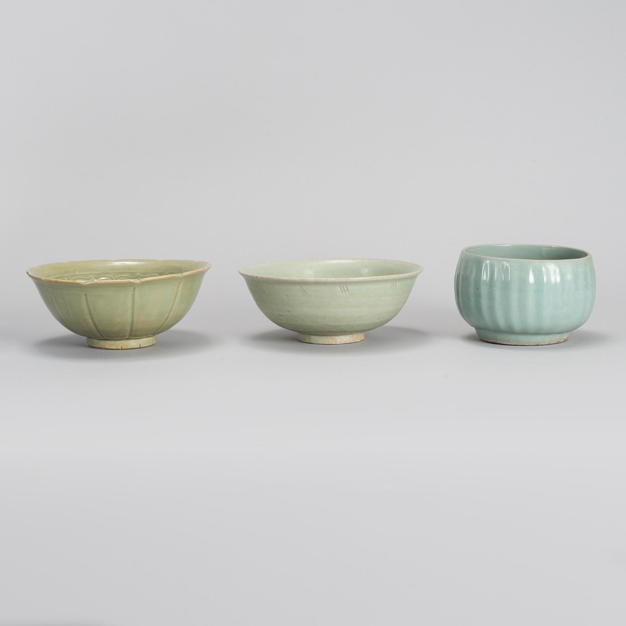 A group of three celadon bowl, South East Asia, 17th Century and later.