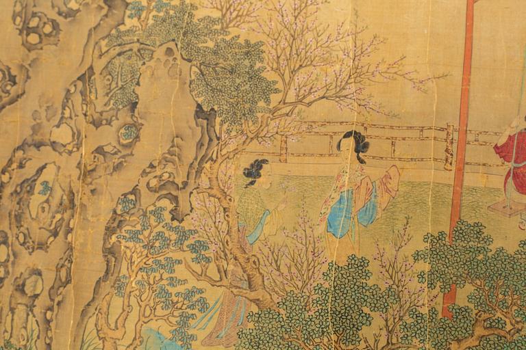 A Chinese hanging scroll, ink and colour on silk, 20th century.