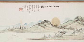 A handscroll by Chen Rong, of a river landscape depicting the farewell of Xu Fangyan leaving Lijiang, dated to 1837.