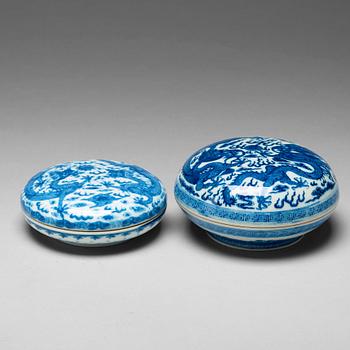 943. Two Chinese blue and white 'dragon' boxes with covers, 20th century, with Qianlong mark.