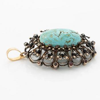 Brooch/pendant, 18K gold and silver with rose-cut diamonds, turquoise and garnets.