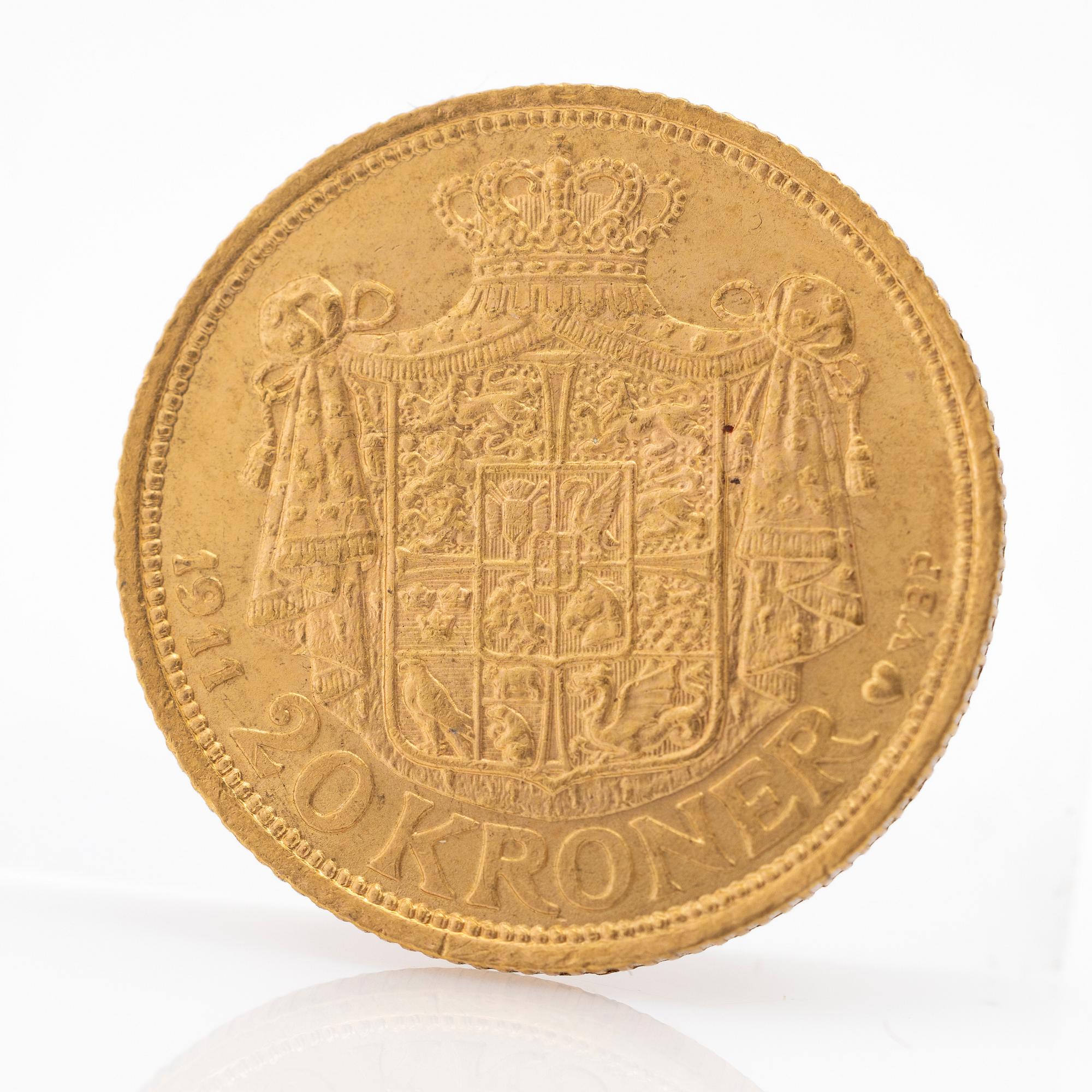 Gold coin Denmark, Frederik VIII 20 crowns, 1911.