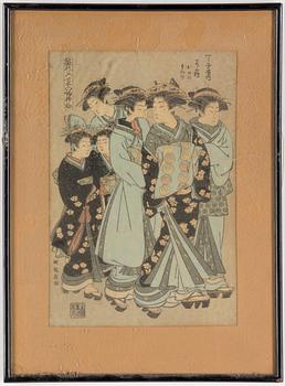 KORYUSAI ISODA (1735-1790), färg träsnitt, två stycken. Japan, ur serien "Hinagata wakana no hatsu moyo", 1800-tal.