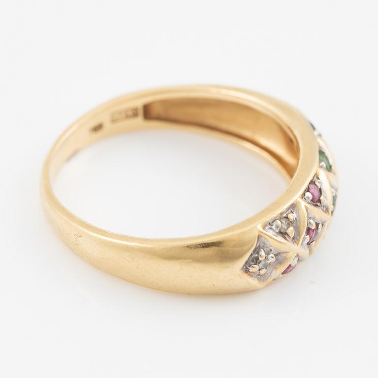 Ring, and a pair of earrings, 18K gold set with small rubies, emeralds, sapphires, and diamonds.