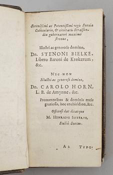 BOK, "Svecia sive de Suecorum, Regis dominiis et opibus..." av Henrik Soter och Andreas Bureus, Elzeviriana Leyden 1633.