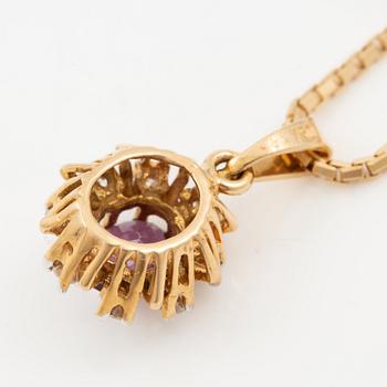 Pendant with gold chain, 
Pendant with white gold chain, 
Earrings a pair, rubies with brilliant-cut diamonds.