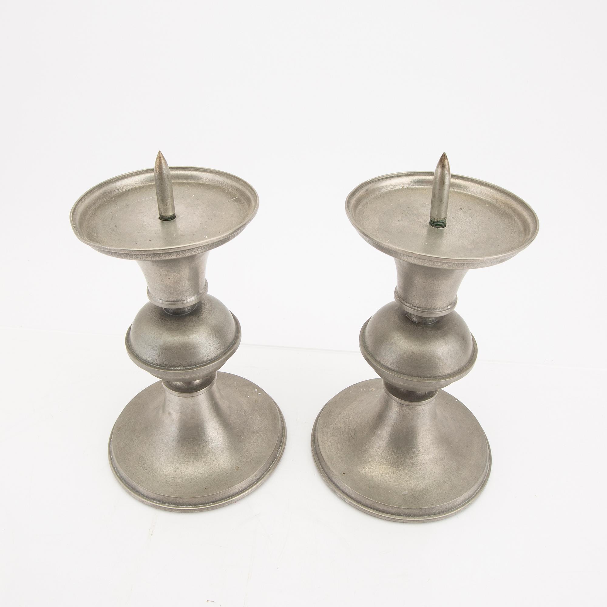Edvin Ollers, a set of two pewter candle sticks and one bowl 1950.
