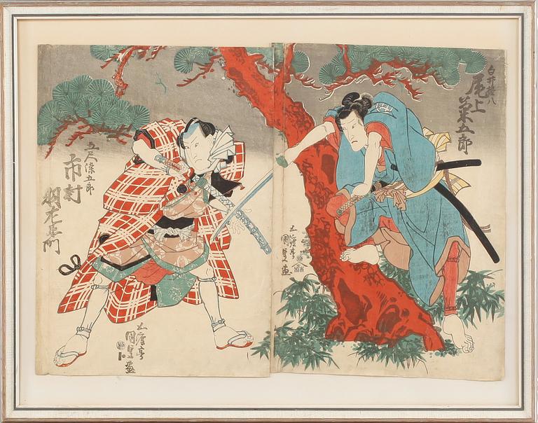 UTAGAWA KUNISADA KOCHORO TOYOKUNI III, träsnitt, 2 st, Japan, 1800-tal.