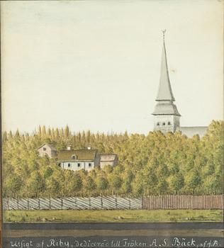 Swedish artist, circa 1800. "Utsigt af Riby, dedicerad till Fröken A.S. Bäck , af JB".