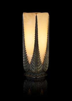 An Albert Cheuret 'Fougères' green patinated bronze and five panel alabaster table lamp, France circa 1925-30.