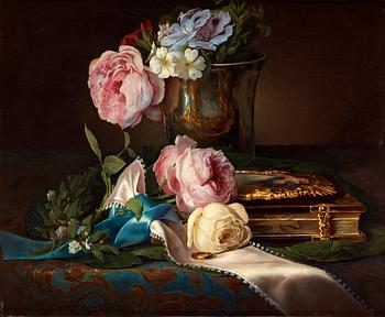 Henriette Kaergling-Pacher, Still life with roses, engagement ring and a silver goblet.
