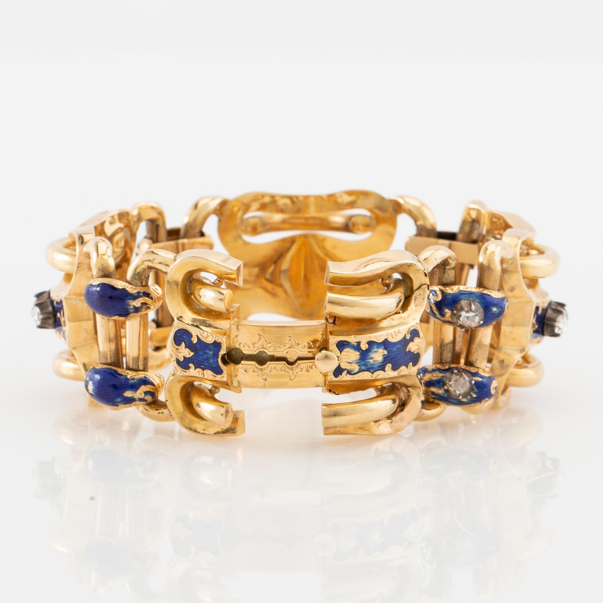 Armband 18K guld med emalj och rosenslipade diamanter, sannolikt Gustaf Adolf Cedergren Stockholm 1849.