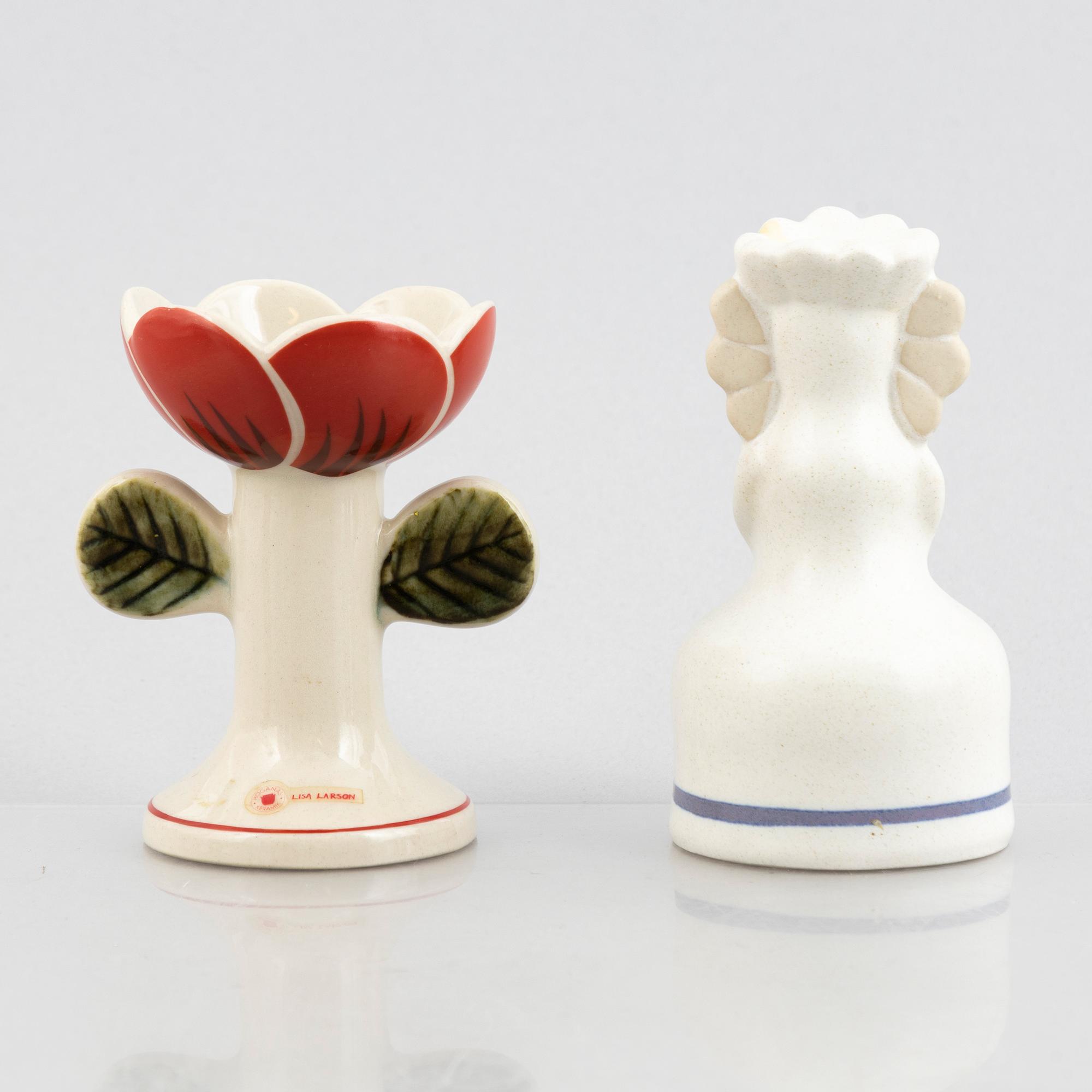 Lisa Larson, ljusstakar, 6 st, ljuslykta samt salt- och pepparströare, stengods och majolika, bl.a. Höganäs.