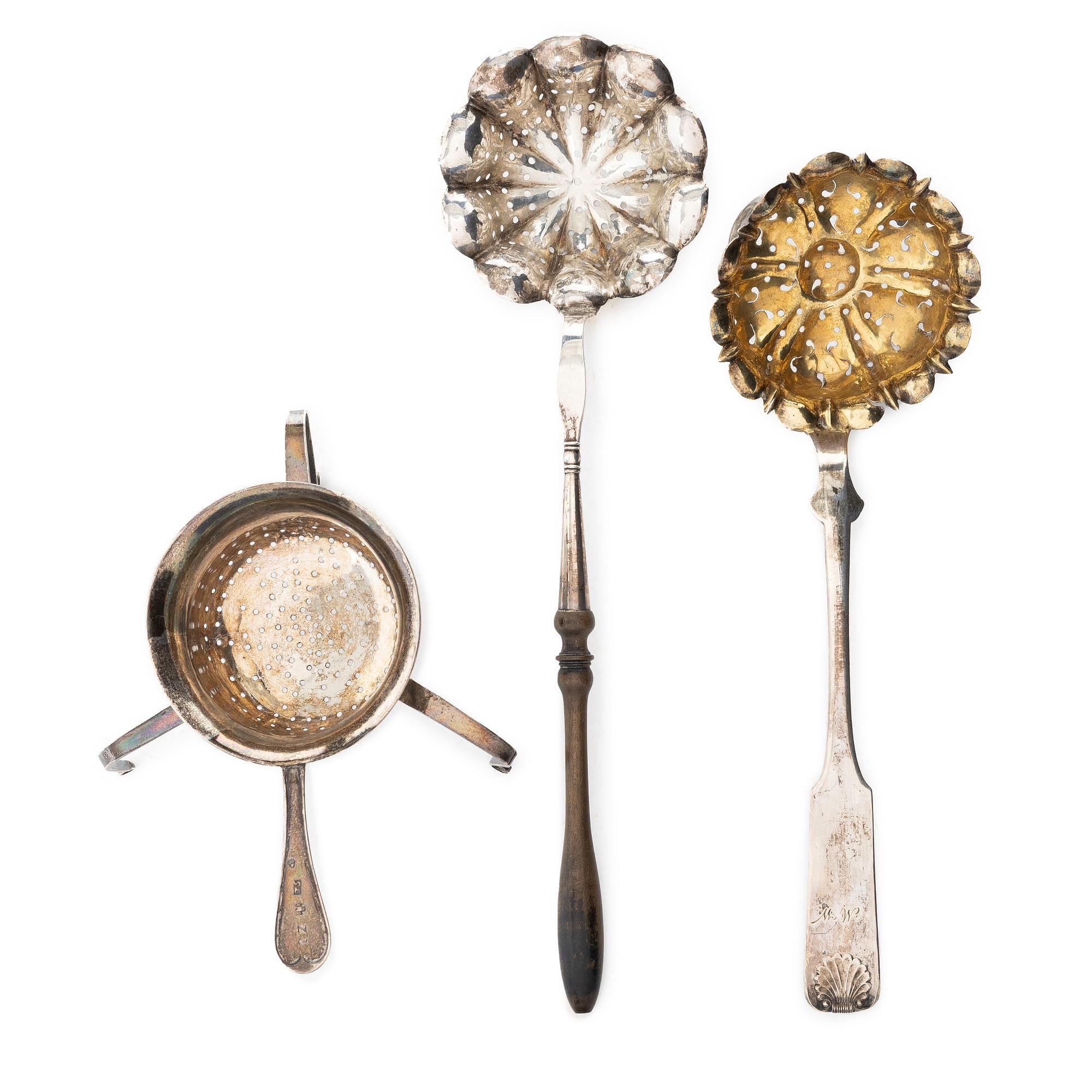 Tea strainers, 3 pcs, silver, Sweden and Finland, 19th century.