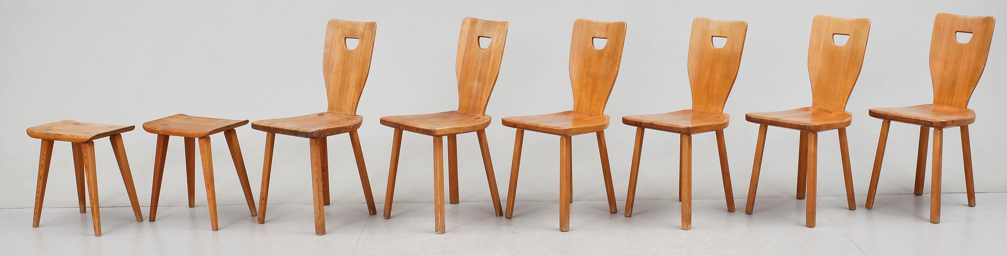 STOLAR samt PALLAR, 8 delar, "Sörgården", Carl Malmsten, formgiven 1963.