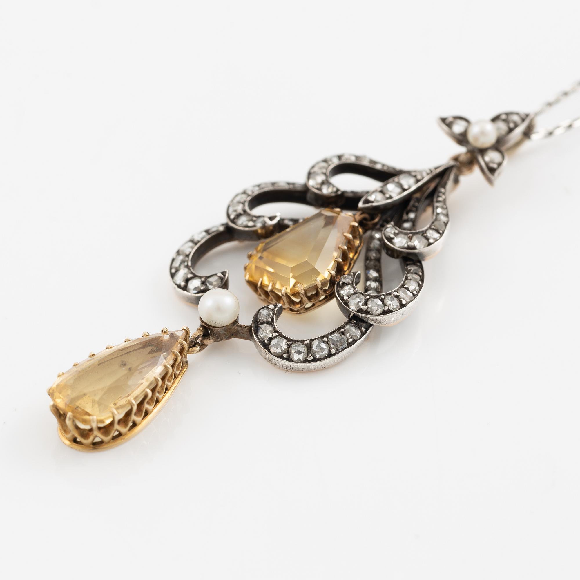 Pendant with chain, featuring citrines, pearls, and rose-cut diamonds.