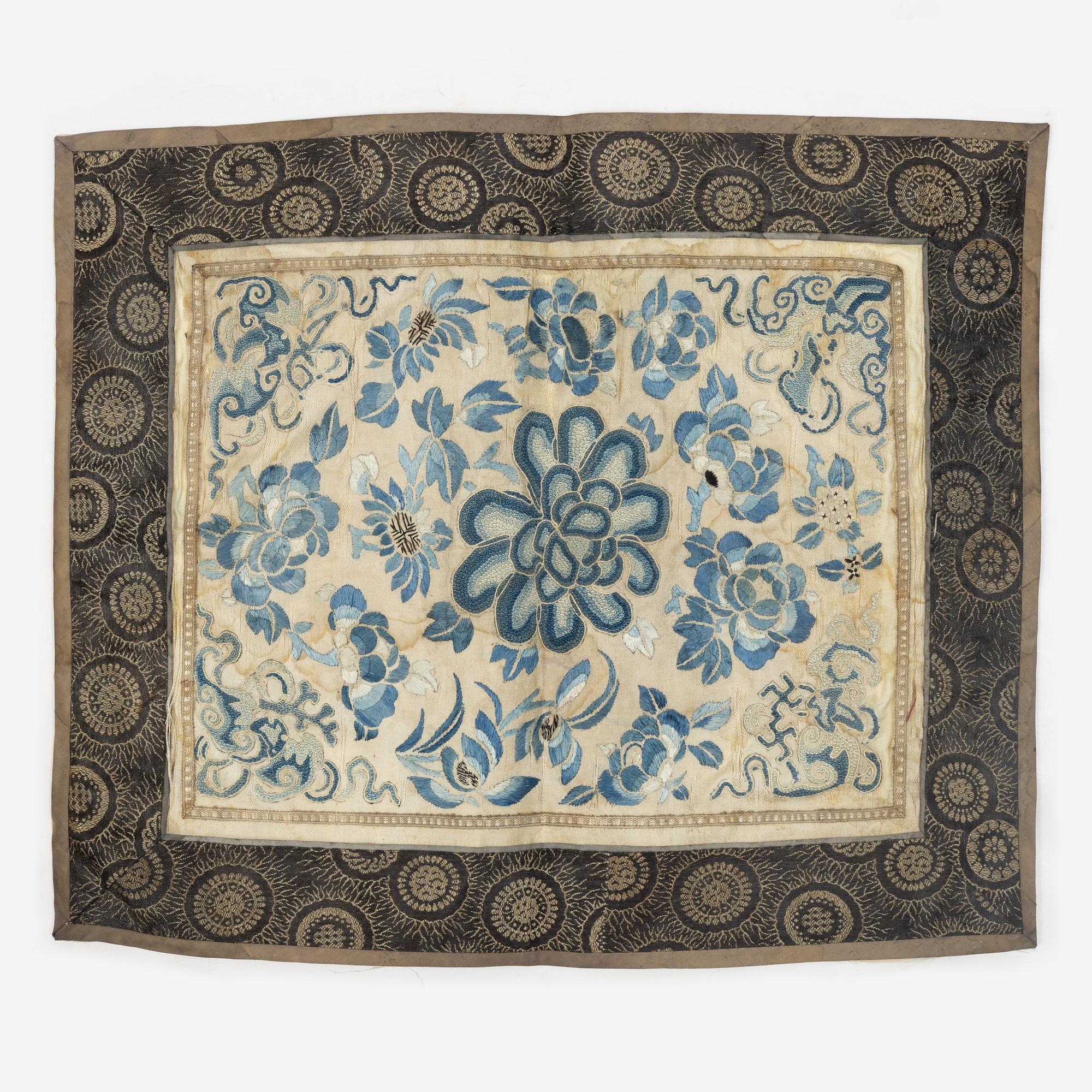 Two rank badges, two embroideries, and a brocade, China, part Qing dynasty.