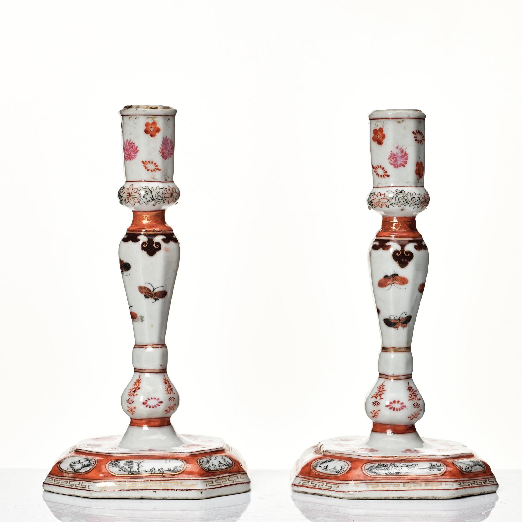 Ljusstakar, ett par, kompaniporslin. Qingdynastin, Qianlong (1736-95).