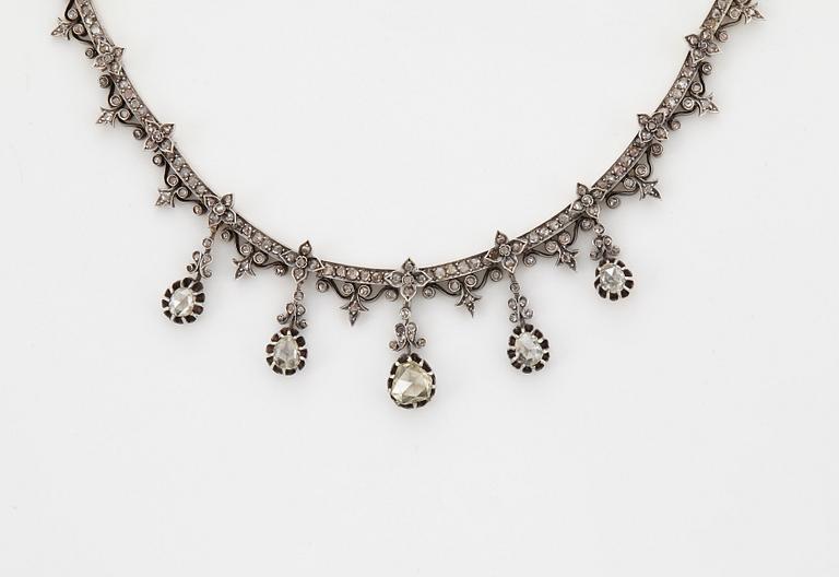 Collier 14K guld och silver med rosenslipade diamanter, 1800-tal.