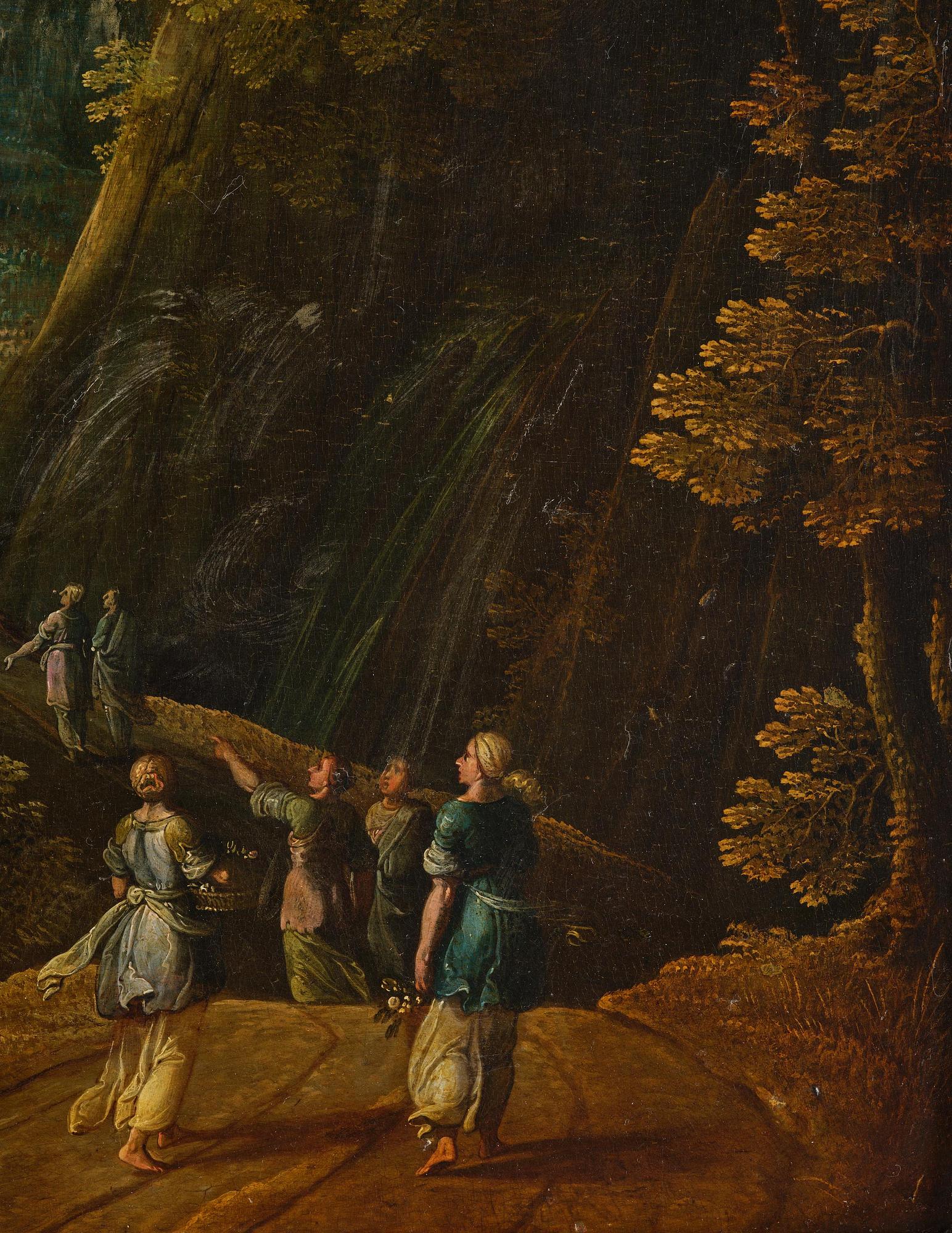 Tobias Verhaecht, Wide landscape with Herse and her maidservants discovered by Mercury on the way to the Temple of Minerva.