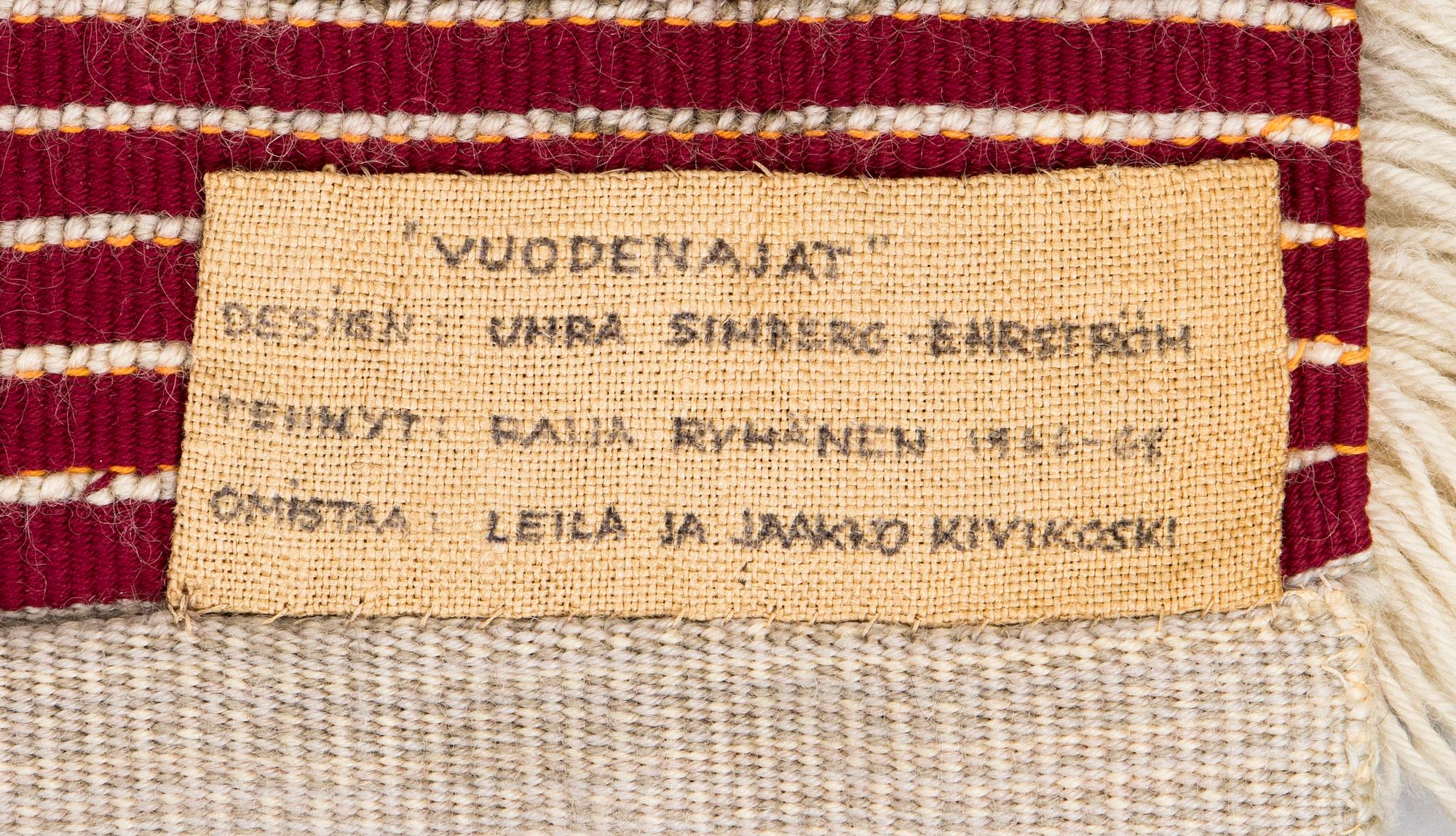 Uhra-Beata Simberg-Ehrström, A Finnish long pile ryijy rug. Circa 177 x 117 cm.