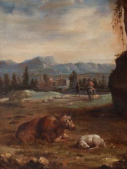 Jan Willemsz. Lapp, hans efterföljd, Arkaiskt landskap med rastande figurer och boskap.