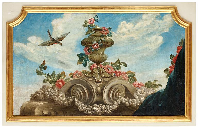 Komposition med urna, fågel och blomstergirland.